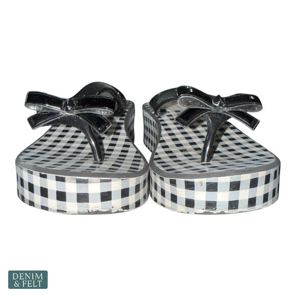 Kate Spade Rina Wedge Flip Flops Black Gingham Bow Sandals Size 7B Women’s - Picture 3 of 14